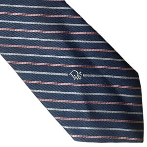 Christian Dior Silk Tie Navy Blue Red Silver Striped Vtg CD Logo Mens Necktie